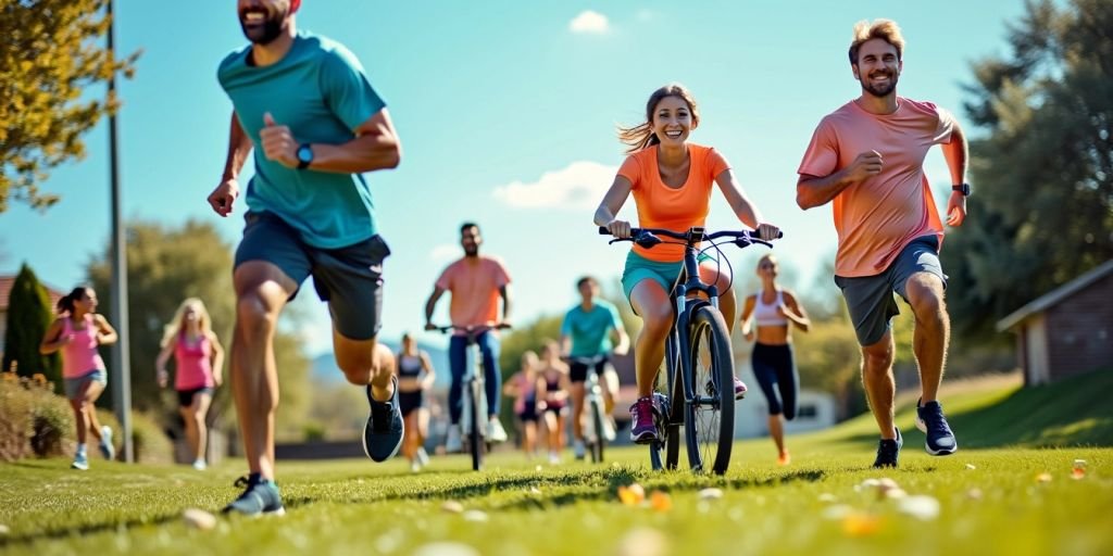 Ihmisiä liikunnassa ulkona eri aktiviteeteissa.