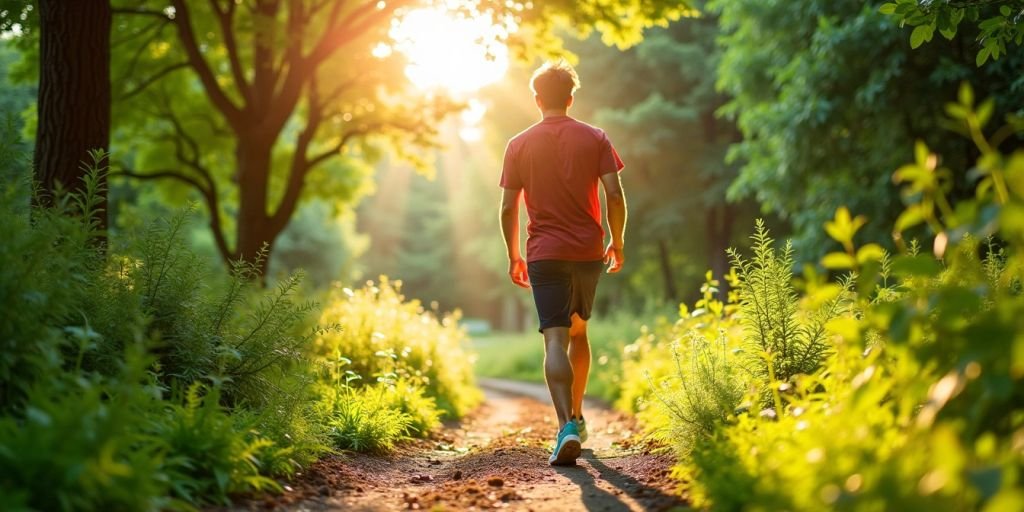 Henkilö kävelee kauniilla polulla luonnossa.