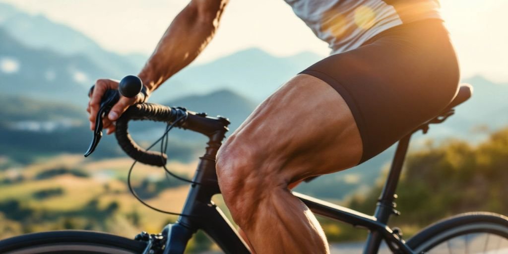 Pyöräilijä voimakkailla jaloilla liikkuvassa ympäristössä.