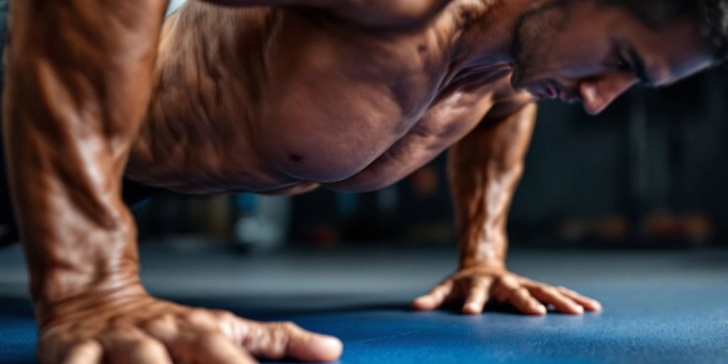 Henkilö tekee punnerruksia, lihaksia kehittäen.