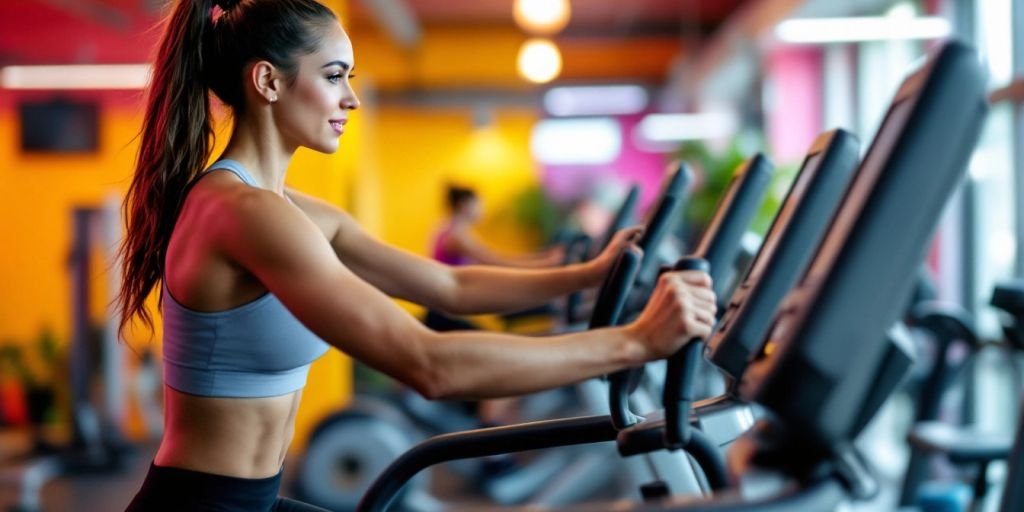 Henkilö harjoittelee elliptisellä laitteella kuntosalilla.