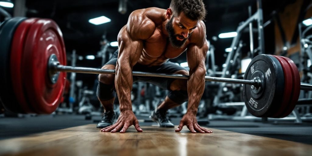 Mies nostaa painoja kuntosalilla, keskittyen maastavetoon.