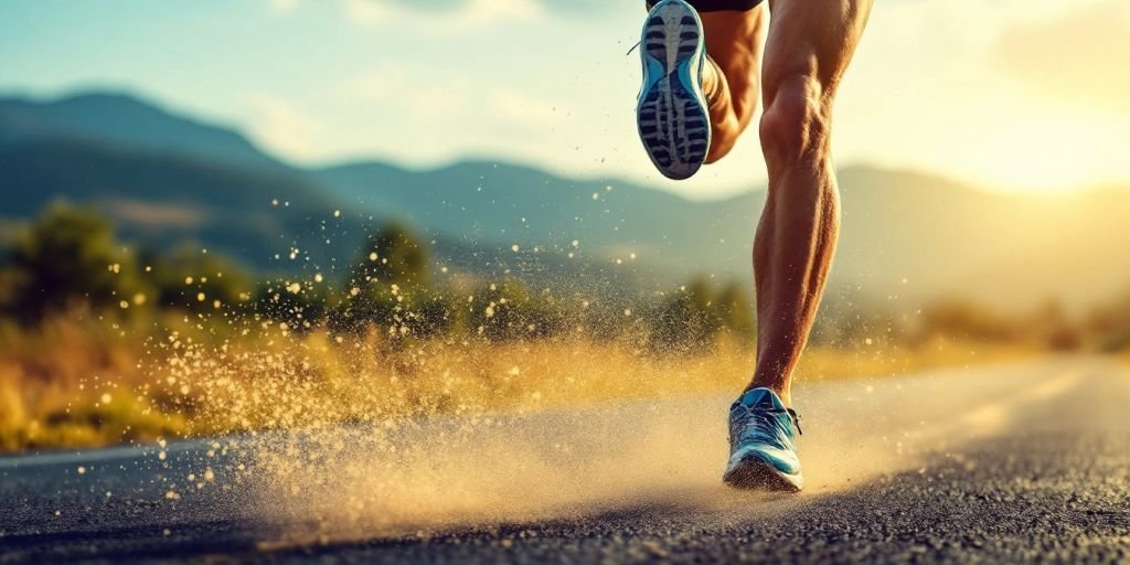 Juoksija liikkuu, lihaksikkaat jalat ja aktiivinen elämäntapa.